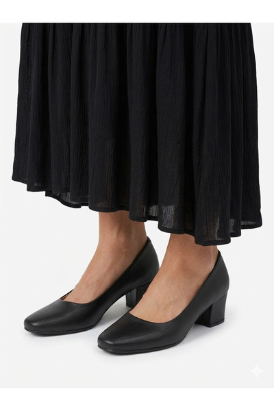 KAOF SHOES Kadın Siyah Kısa Kalın Topuklu Ayakkabı Klasik Ayakkabı Topuklu An...