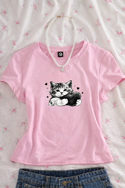 Gofeel Sleeping Kitten Printed Belted Pink Crop Top