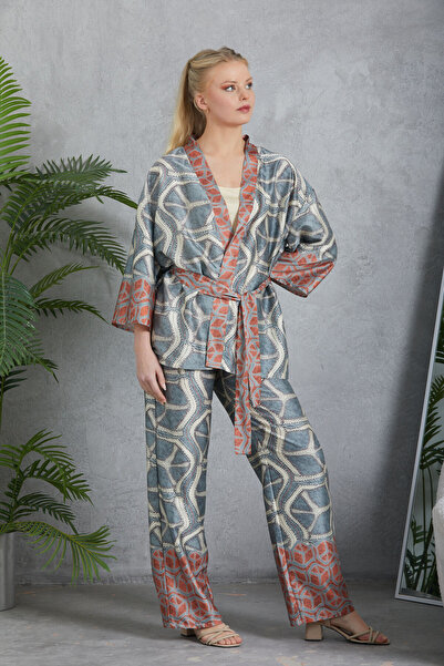 İPEKMOOD 3-Piece Satin Dressing Gown Set Indigo