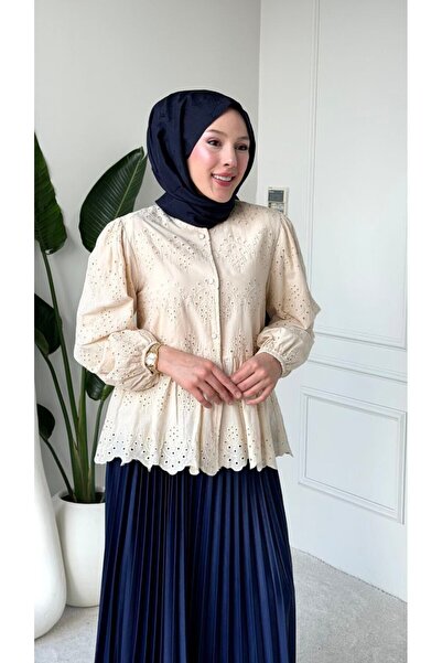 PİNK FLY Τουνίκ πουκάμισο με ελαστικό μανίκι, διάτρητο σχέδιο, κουμπιά και επ...