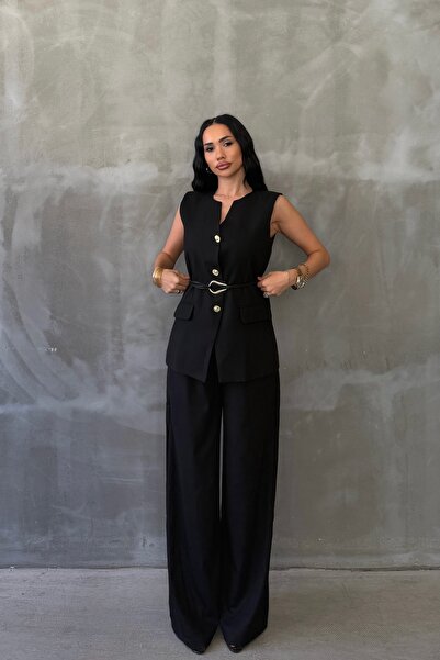 OKSOCOLLECTİON Kemerli Yelek Palazzo Pantolon Takım