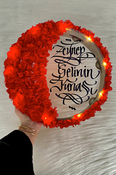 ZEYMERADE Kırmızı Ledli Şeffaf Gelin Tefi 32cm, 3d Çiçek Süslemeli, Düğün Kın...