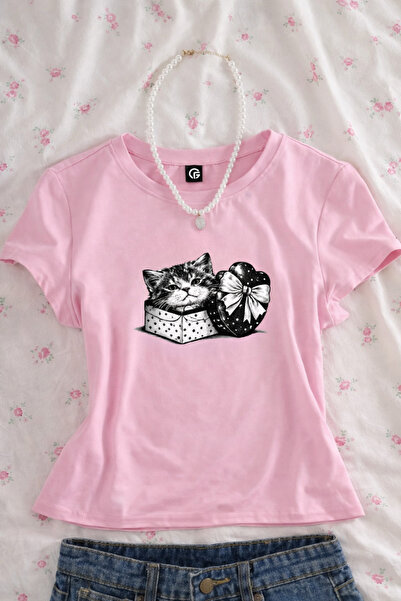 Gofeel Cute Cat Basket Printed Belt Length Pink Crop