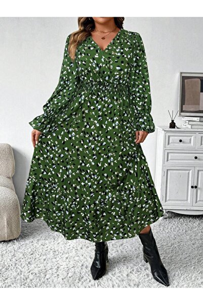 Iuliashop Rochie midi Aletha verde cu imprimeu alb-negru - Mărimi mari - 44