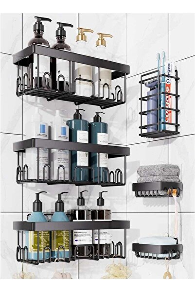 Pomefar 6Pcs Adhesive Shower Caddy Bathroom Organizer- Black