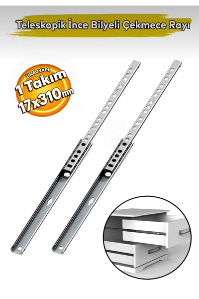 Fimax Teleskopik İnce Bilyeli Dolap Çekmece Ray En 1.7 mm Uzunluk 31 cm (1 Ta...
