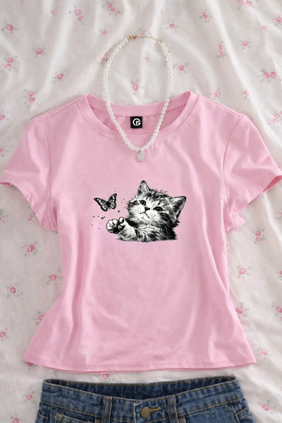 Gofeel Chubby Kitten Printed Belted Pink Crop Top