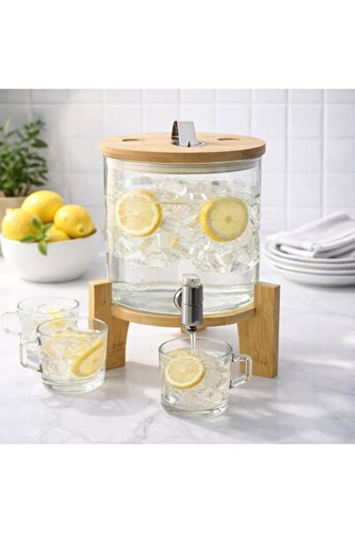 Generic 5 Liter Glass Beverage Dispenser with Wooden Base and Practical Tap