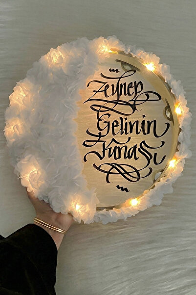 ZEYMERADE Beyaz Ledli Şeffaf Gelin Tefi 32cm, 3d Çiçek Süslemeli, Düğün Sünne...