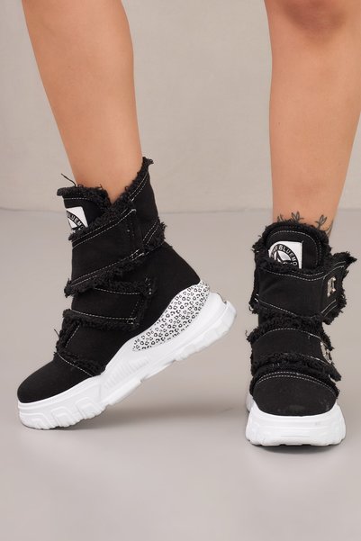 StarBlueMooN Black Denim Boots Summer Boots with Velcro Closure and Metal Detail Summer Boots