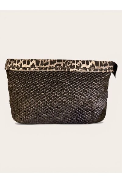 Mimoza Accessories محفظة من القش بتفاصيل جلد الفهد