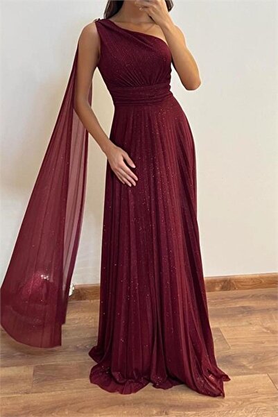 Dipmoda Kadın omuz detaylı piliseli ışıltılı kumaş abiye elbise DPSWLL16