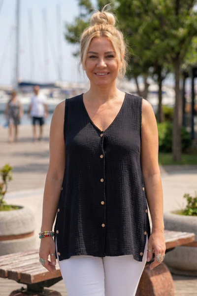 Chiccy Black V-Neck Sleeveless Buttoned Side Buttoned Casual Muslin Oversize ...