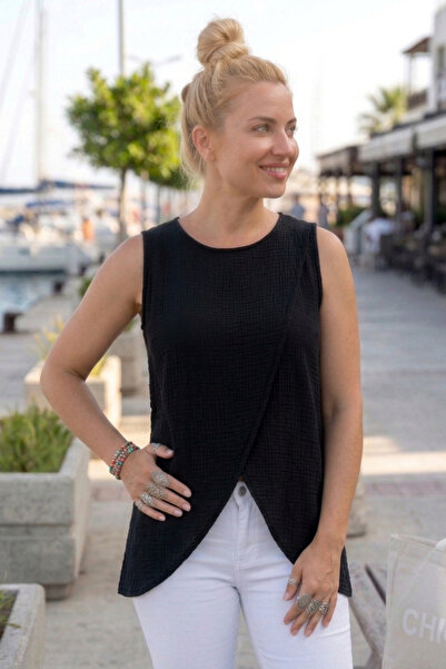 Chiccy Μαύρη αμάνικη μπλούζα με διπλό γιακά, χωρίς κουμπιά, casual υφαντή μου...