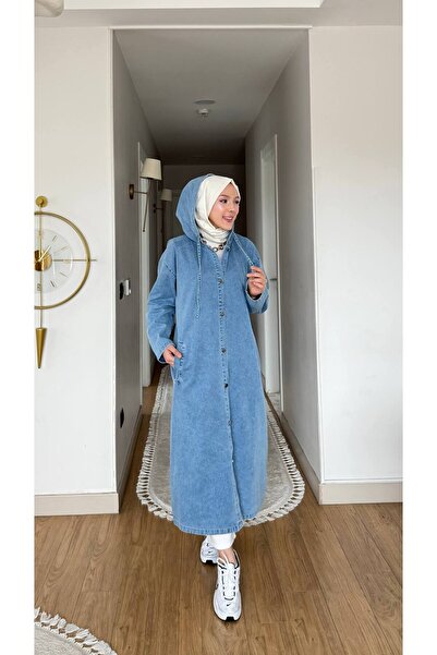 PİNK FLY Hooded Metal Button Long Denim Coat