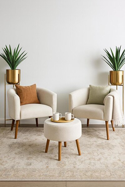 WEBPANYA Milano Çay Seti İkili Koltuk Berjer Ve Puf Takımı Krem keten kumaş (...