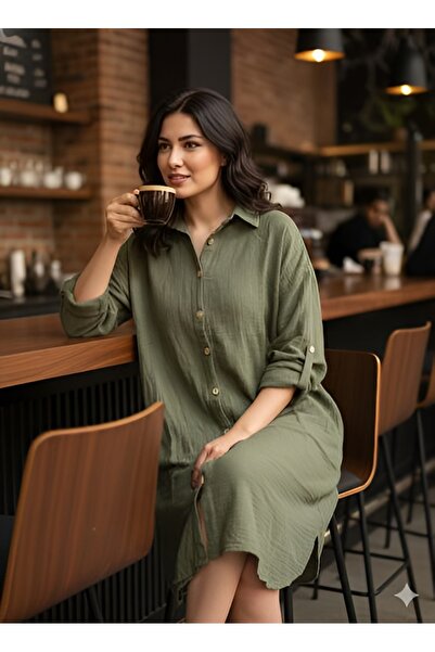 AGORATEKSTİL Γυναικείο φόρεμα από ύφασμα μουσελίνας με γιακά και μακρυμάνικο ...