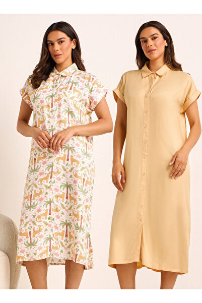 FAV Midi Length Night Dress Short Sleeves Printed Viscose - Set of 2