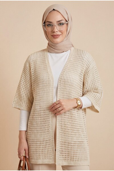 Modamorfo Bat Half Sleeve Openwork Knitwear Cardigan -Beige