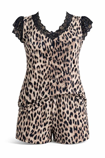GOB Büyük Beden Gob Core Plus Size Leopard Print Lace Shorts-Top Set