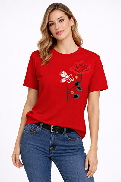 VODEXA Tricou oversize pentru femei, cu imprimeu RED ROSE, 100% bumbac, croia...