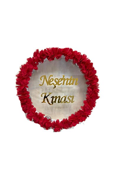 Elriya Kırmızı Şeffaf Gelin Tefi Üç Boyutlu Çiçekli - İsme Özel Gelin Tefi, N...