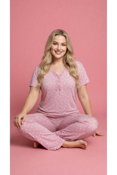 MEBA Women's Mom Plus Size Patterned Collared Buttoned Short Sleeve Combed Cotton Pajama Set