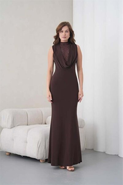 Dipmoda Γυναικείο βραδινό φόρεμα με λεπτομέρεια από καφέ δαντέλα στον γιακά D...