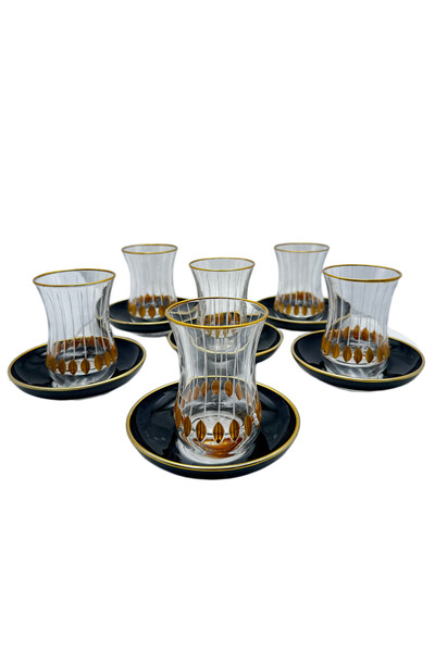 Generic Turkish Tea Set for 6 with Glass Cups, Gold Patterns & Black Saucers,...