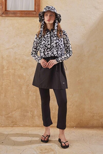 Behills Black Floral Patterned 3-Piece Hijab Swimsuit Set – Lightweight Fabri...