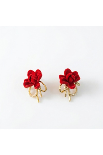 KOREA Women's Earrings Red Velvet Rose, Gold Stainless Steel, Bow with Pearls...