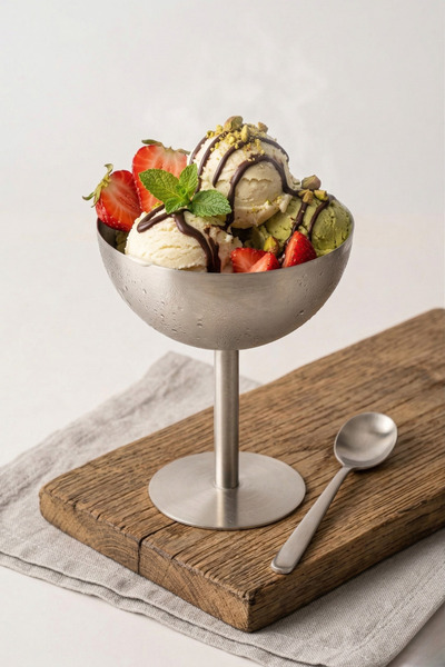 Poomy Paslanmaz Çelik Ayaklı Dondurma Kasesi - Modern Tatlı ve Sunum Kasesi