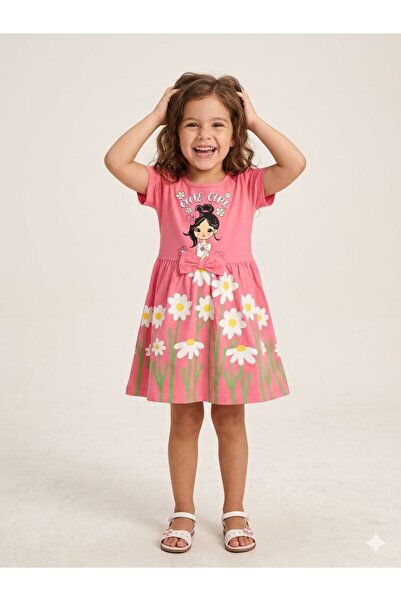 SERRASTIL Girls' Cotton Short Sleeve Dress with Girls and Flowers Pattern Bow...