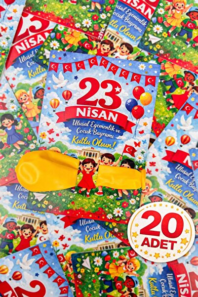 MSticker 20 Adet 23 Nisan Şeker ve Balon Konulabilen Tebrik Kartı 20'li Set –...