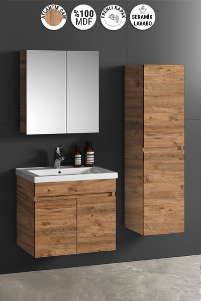 ÖZCEDEN Çiğdem 65+35 cm Atlantik Çam MDF Seramik Lavabolu Asma Banyo Dolabı T...