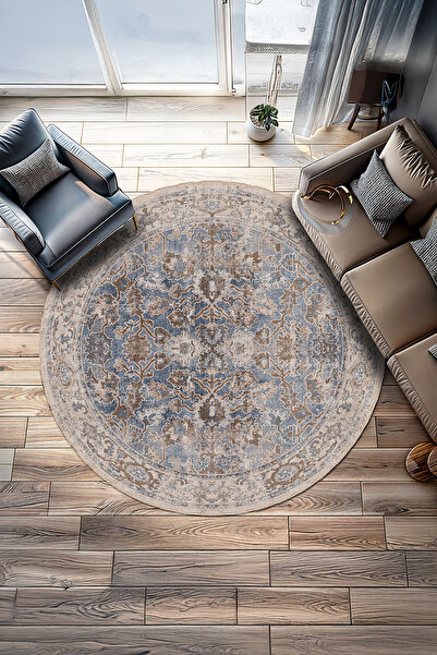 BigArts Home Mavi Kahve Eskitme Vintage Desenli Şönil Salon Halısı Mutfak Otu...