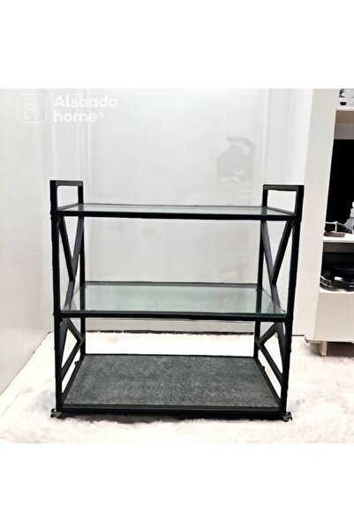 Al Saadah Home عربة تقديم زجاجية وخشبية 80 × 40 × 80 سم - رمادي