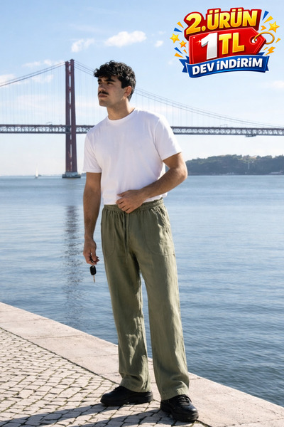 DAMGA JEANS Men's Elastic Waist Jogger Green Linen Trousers