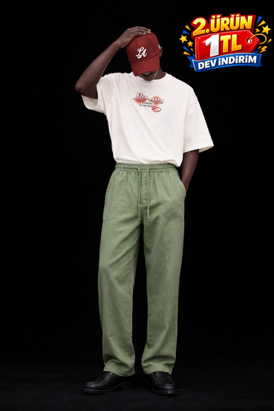 DAMGA JEANS Men's Low Waist Premium Loose Green Linen Trousers