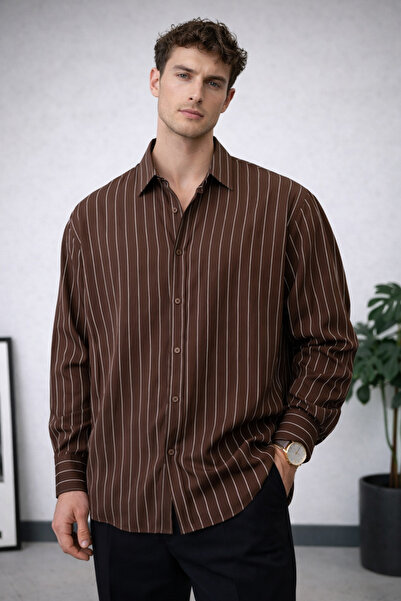 İLKCET MODA Υφαντό υφασμάτινο καφέ ανδρικό πουκάμισο oversize