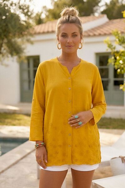 Chiccy Mustard Color, Buttoned Collar, 3/4 Sleeves, Embroidered, Slit, Cotton...