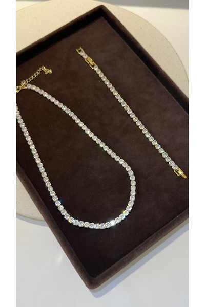 GLARE JEWELRY CO 5mm Gümüş Pırlanta Montür Dönmeyen Suyolu Kolye-Bileklik Set...