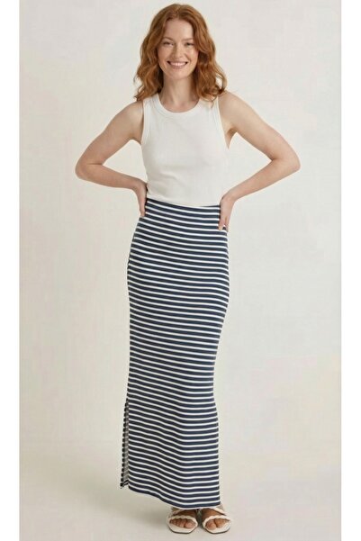 Merlot Slit Detailed Viscose Maxi Skirt with Elastic Waist in Navy Blue and W...