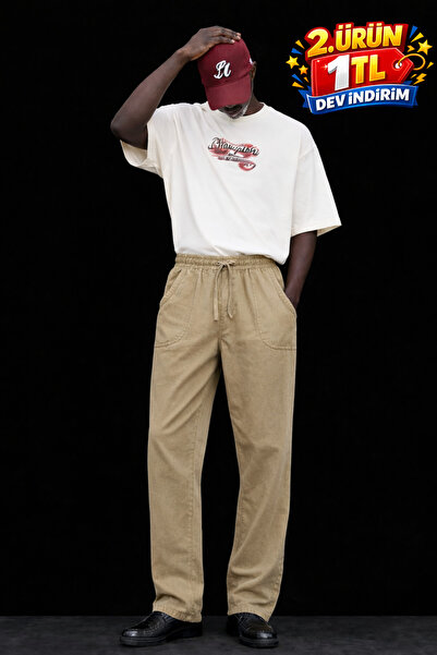 DAMGA JEANS Men's Low Waist Premium Loose Beige Linen Trousers