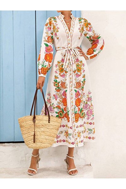 Iuliashop Rochie lungă crem Amedee cu imprimeu floral multicolor - M