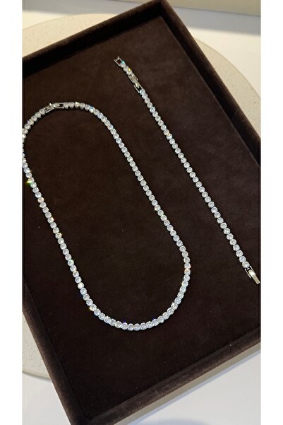 GLARE JEWELRY CO 4mm Gümüş Pırlanta Montür Dönmeyen Suyolu Kolye-Bileklik Set...