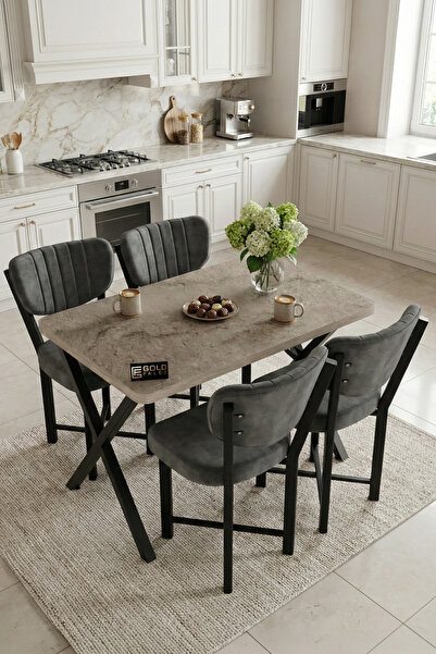 GOLDFALEZ Mutfak Masası 4 Sandalyeli Set 110x70 cm Modern Masa Takımı Cafe Ba...
