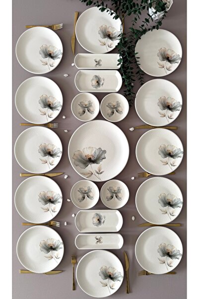 Yiğit Seramik Züccaciye Nilüfer Model 12 Kişilik 21 Parça Rölyefli Modern Bru...