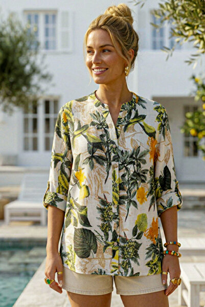 Chiccy Κρεμ πουκάμισο με γιακά και κουμπιά, μανίκι 3/4, τροπικό σχέδιο, με σκ...