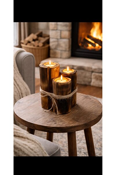 Lumea Mama ✨ Doğal Ahşap Rustik Mumluk Seti – 3’lü Dekoratif Mumluk ✨